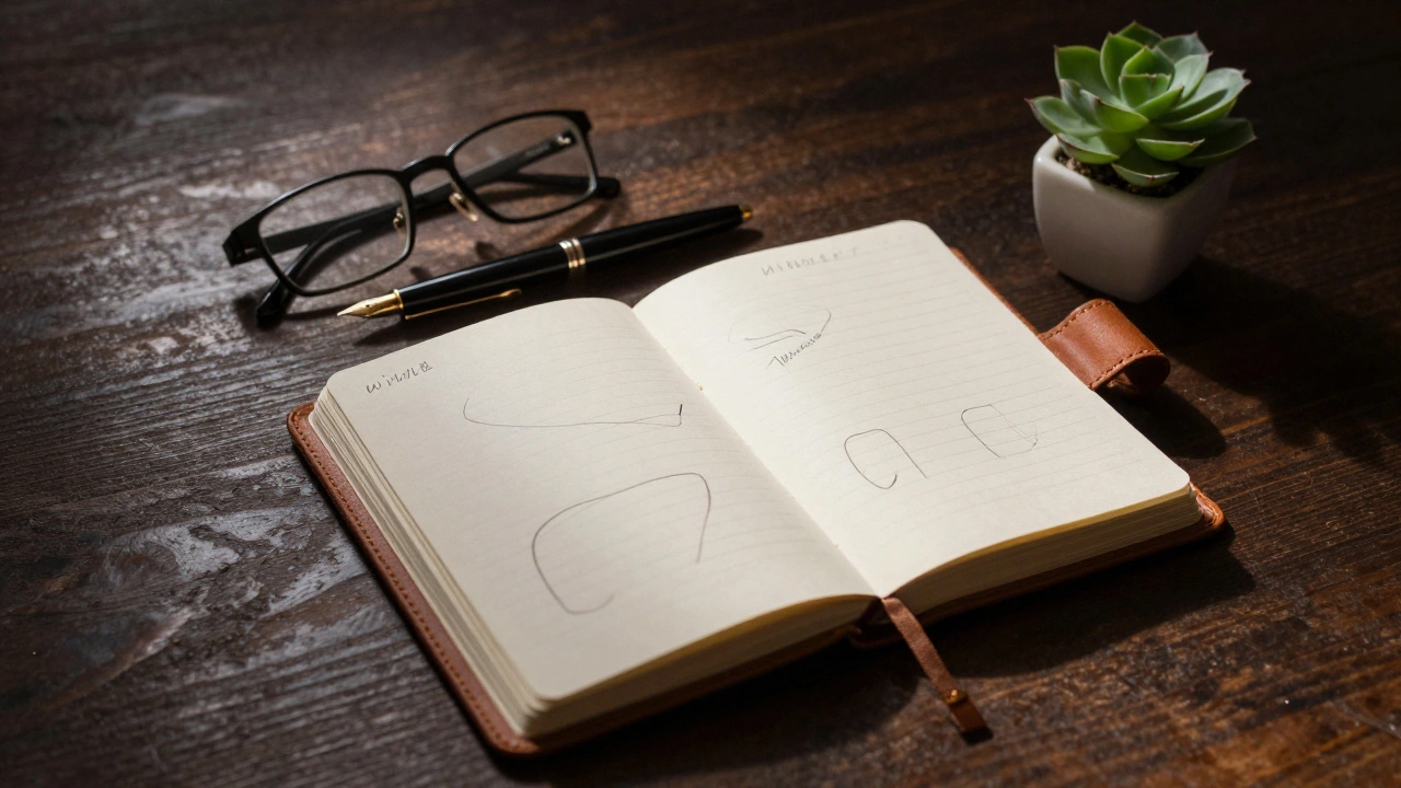Leather journal and pen on wooden desk symbolizing daily wins