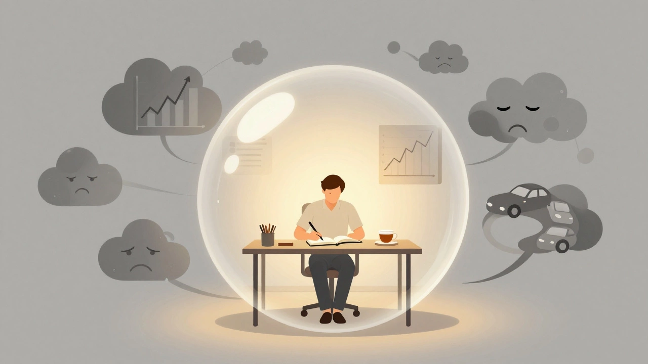 Man journaling in a calm room while chaos swirls outside glass bubbles