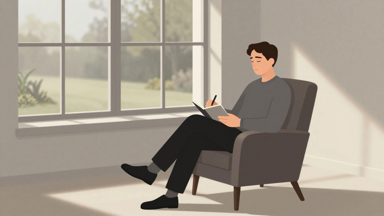 Man journaling peacefully in a sunlit quiet room