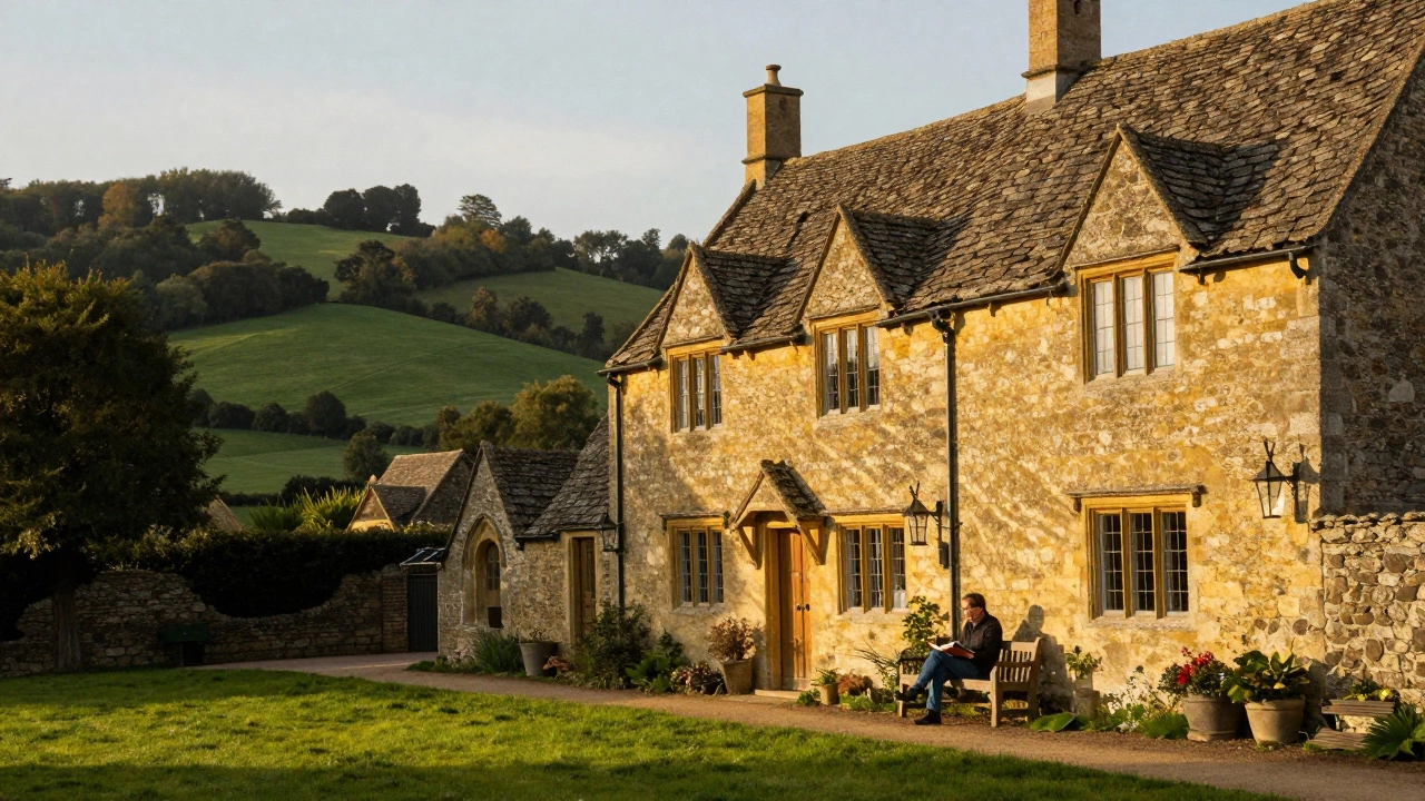 Man relaxing on bench outside honey-stone Cotswolds cottage