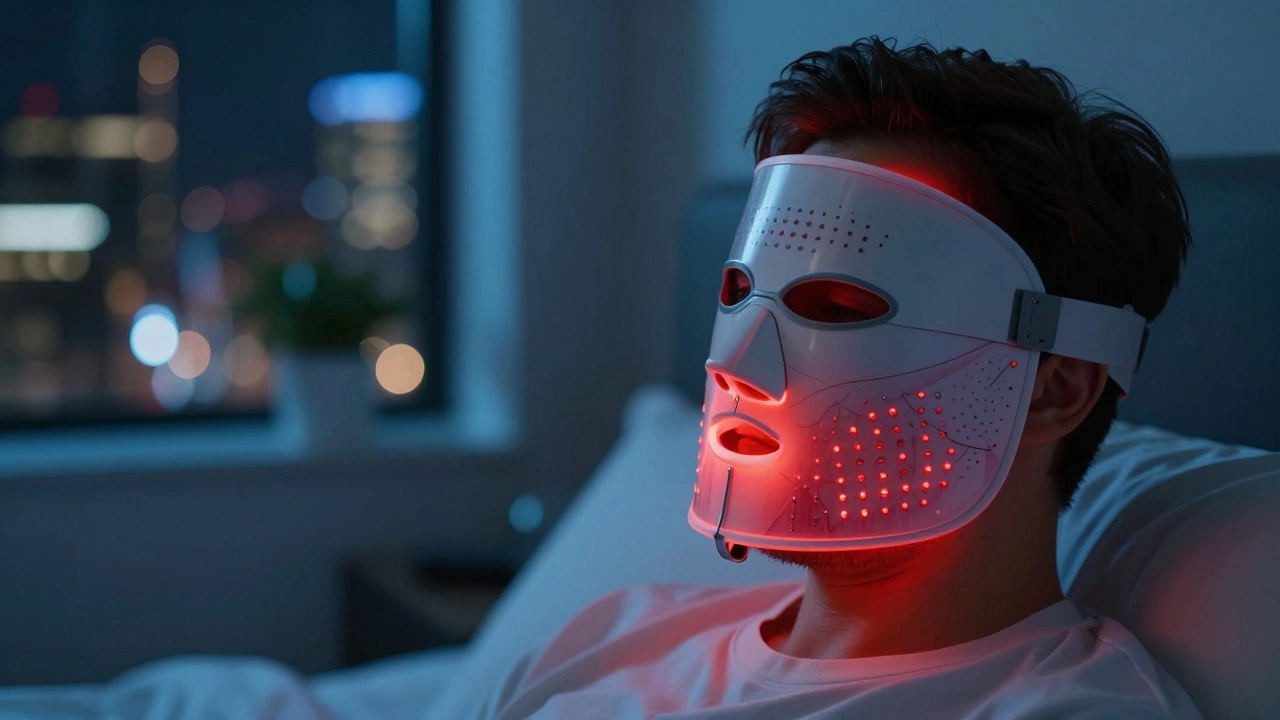 Man wearing a red LED light therapy mask in a dimly lit room