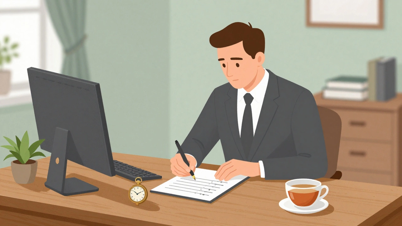Man writing notes at a desk, focusing on daily habits and process.