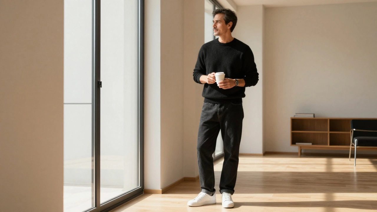 Mature man in black relaxed jeans and sweater in a modern apartment