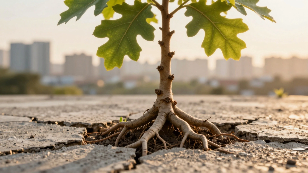 Oak sapling growing through concrete at sunset
