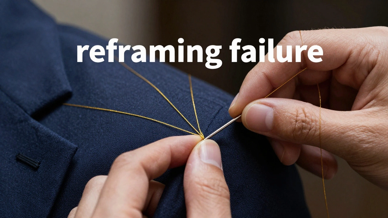Tailor mending a suit with gold thread, representing growth from failure.