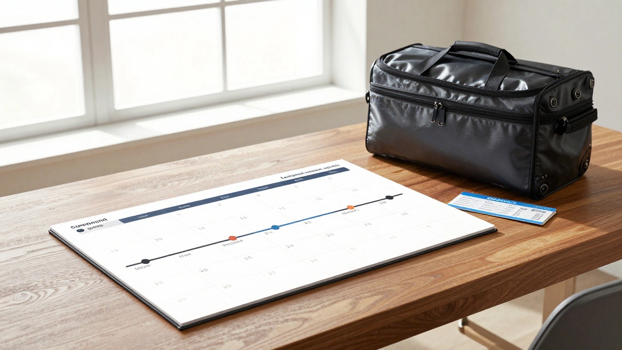Travel bag and calendar symbolizing planned dates