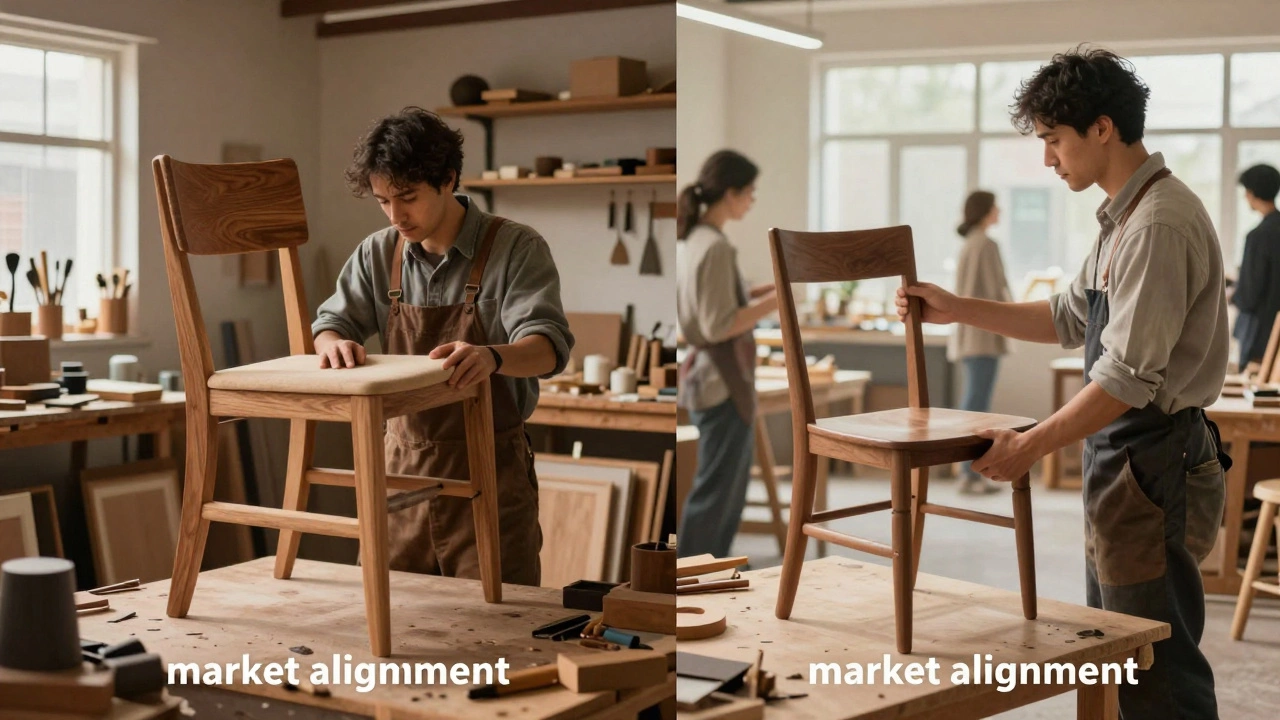Two craftsmen contrasting a complex unused chair with a simple market-ready design.