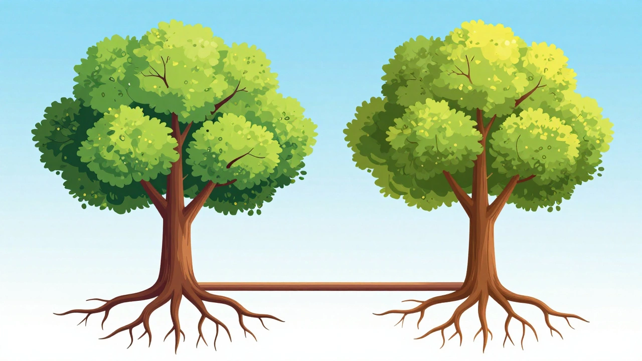 Two distinct trees growing side-by-side with connected branches symbolizing independence