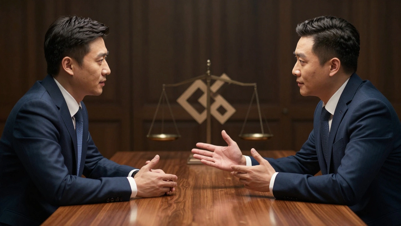 Two professionals negotiating calmly at a table, illustrating reciprocity and mutual value.