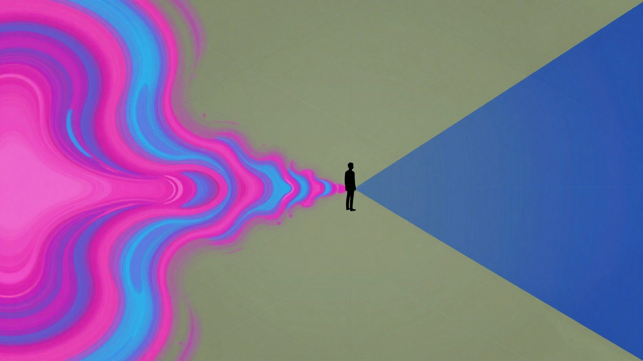 Abstract art showing transition from chaotic colors to stable geometric patterns
