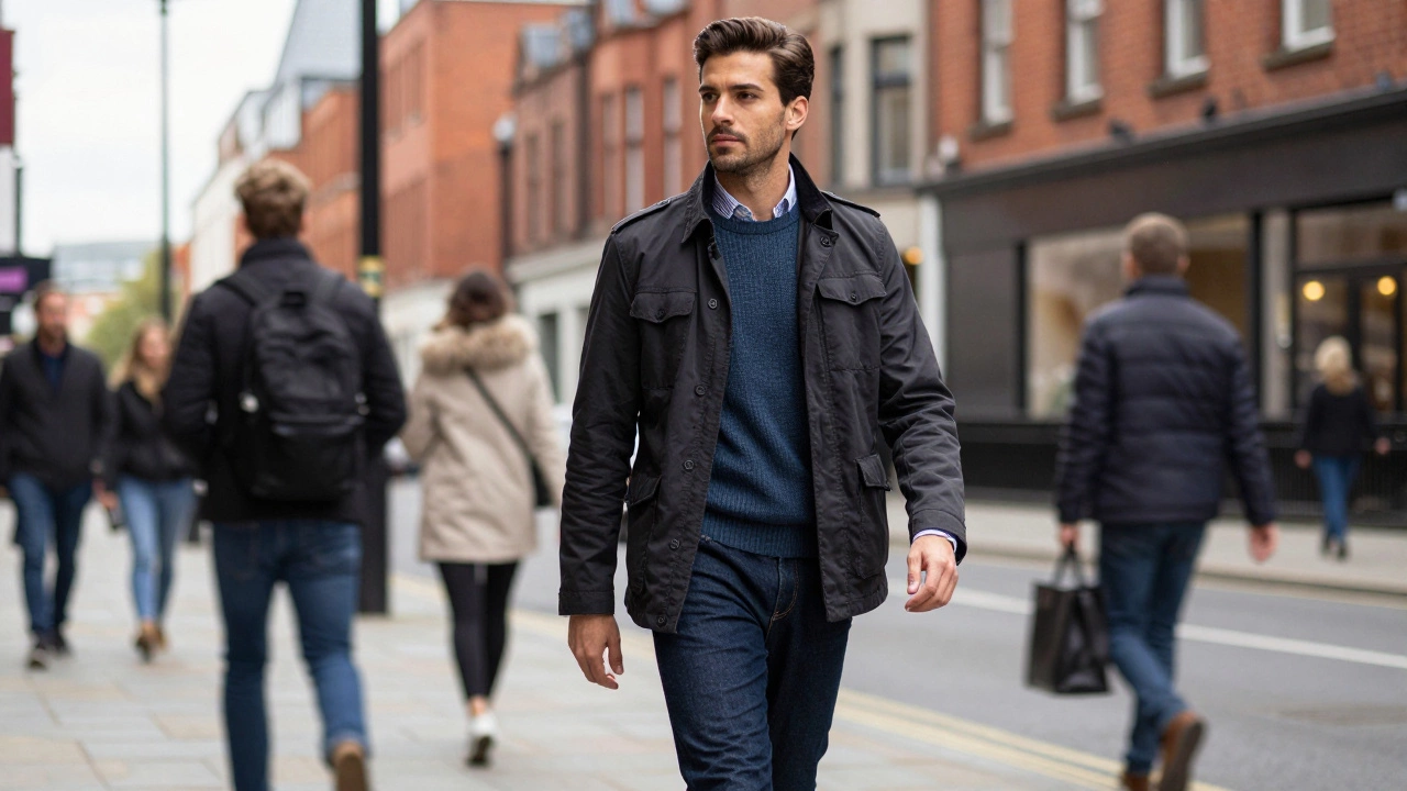 Confident man in smart casual wear walking in city