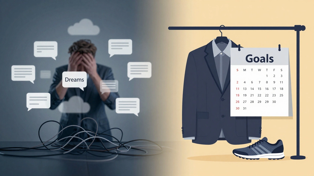 Contrast between chaotic dreams and structured goals with tailored suit and calendar