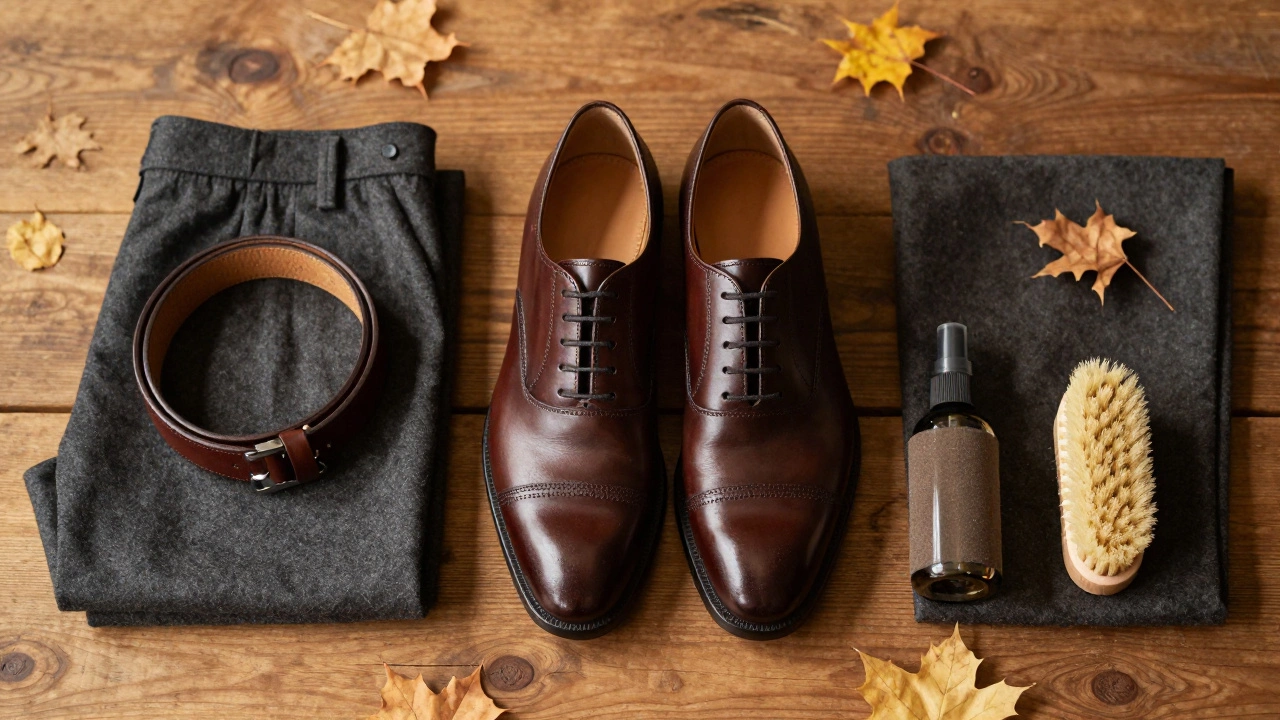 Derby shoes, belt, and grooming tools