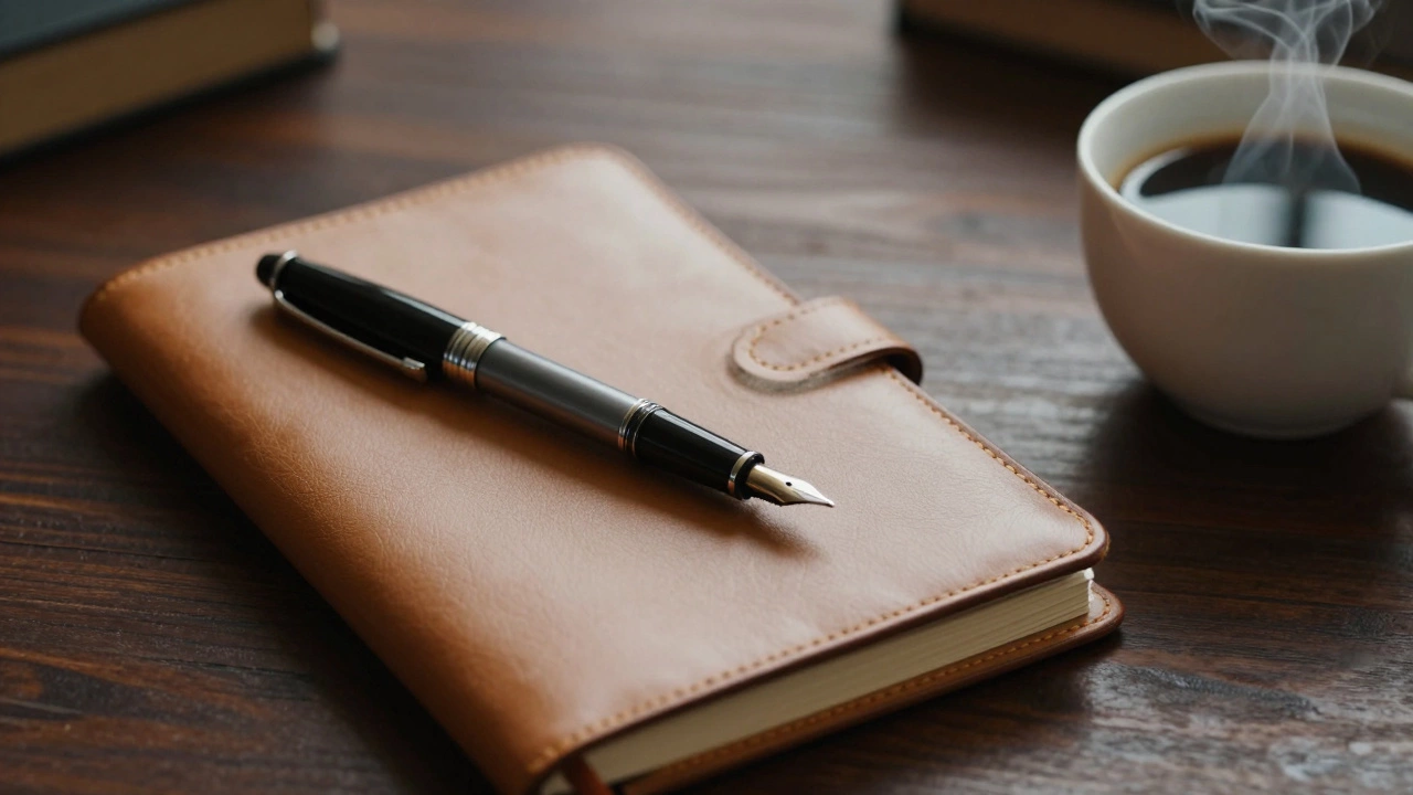 Fountain pen and notebook on wooden desk