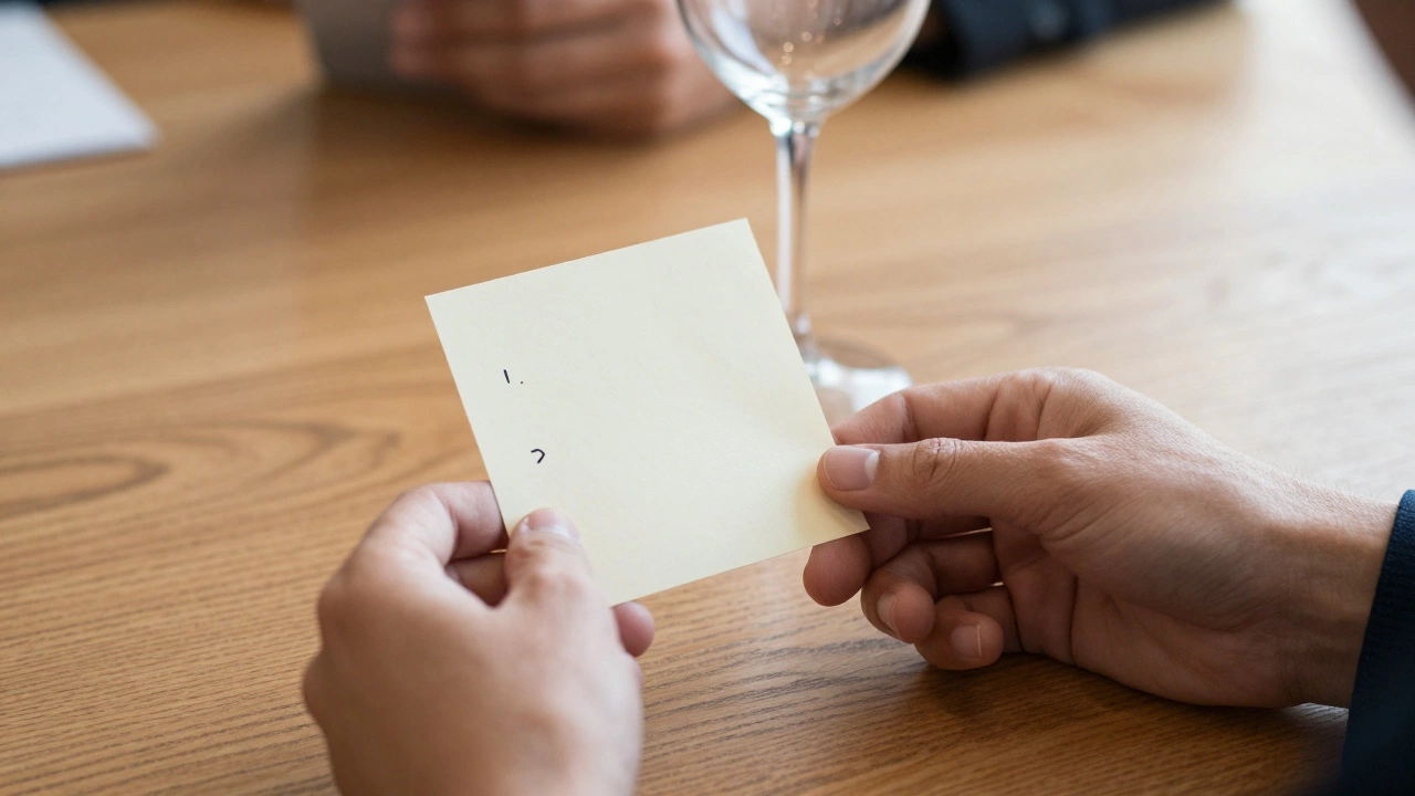 Hands holding notecards and wine glass on table