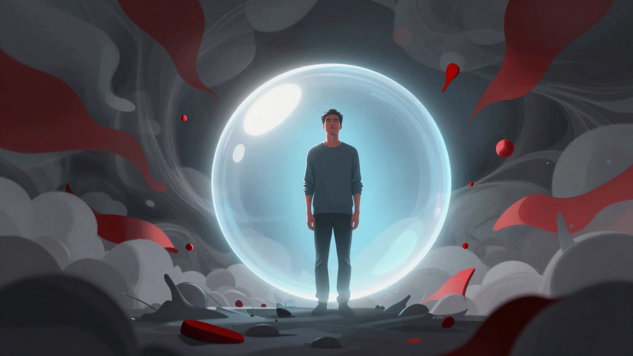 Illustration of a man finding calm amidst a storm of abstract chaos