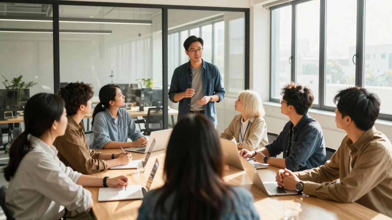 Leader speaking openly with a trusting team in a sunlit office