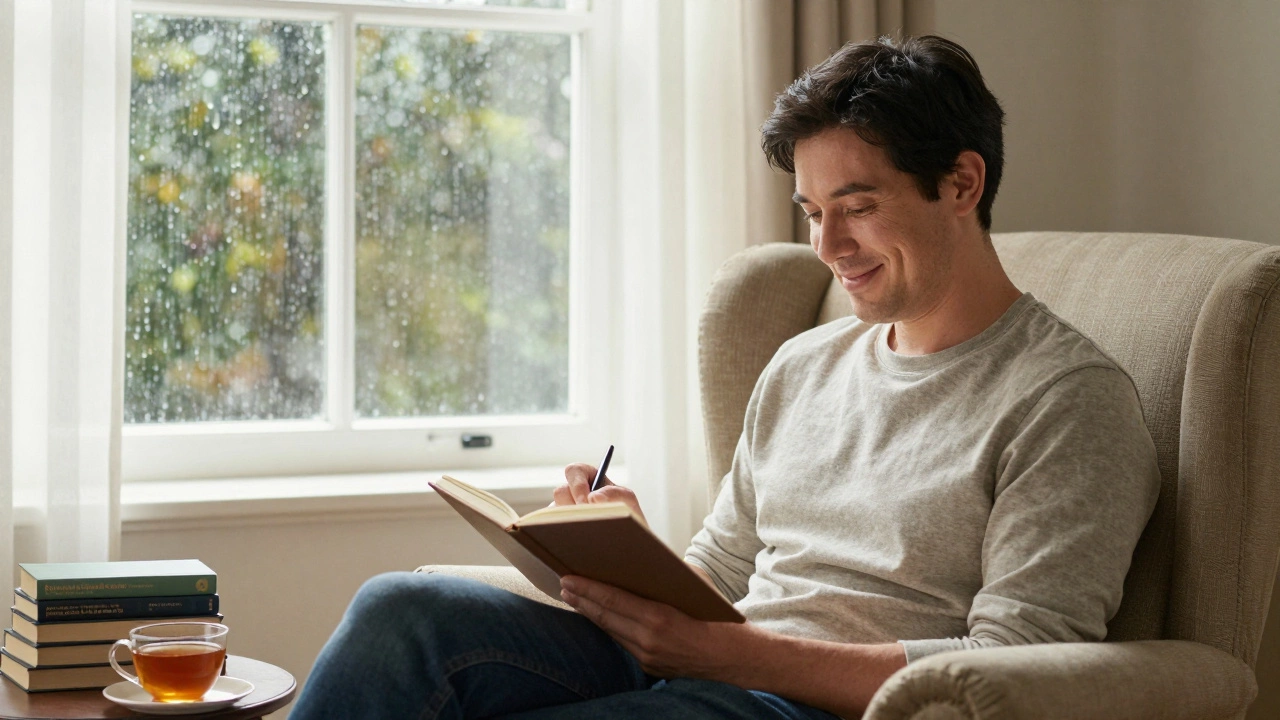 Man reflecting calmly in a cozy living room with journal