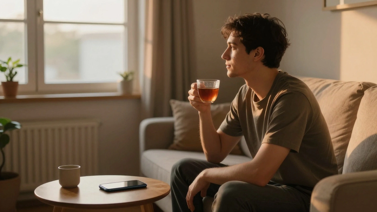 Man relaxing with tea after putting phone away for digital detox