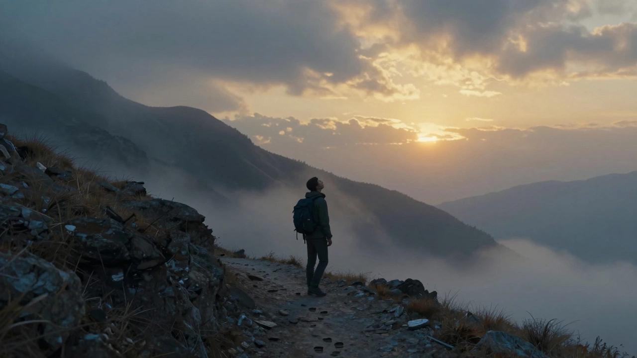 Man standing at the base of a mountain path facing a sunrise