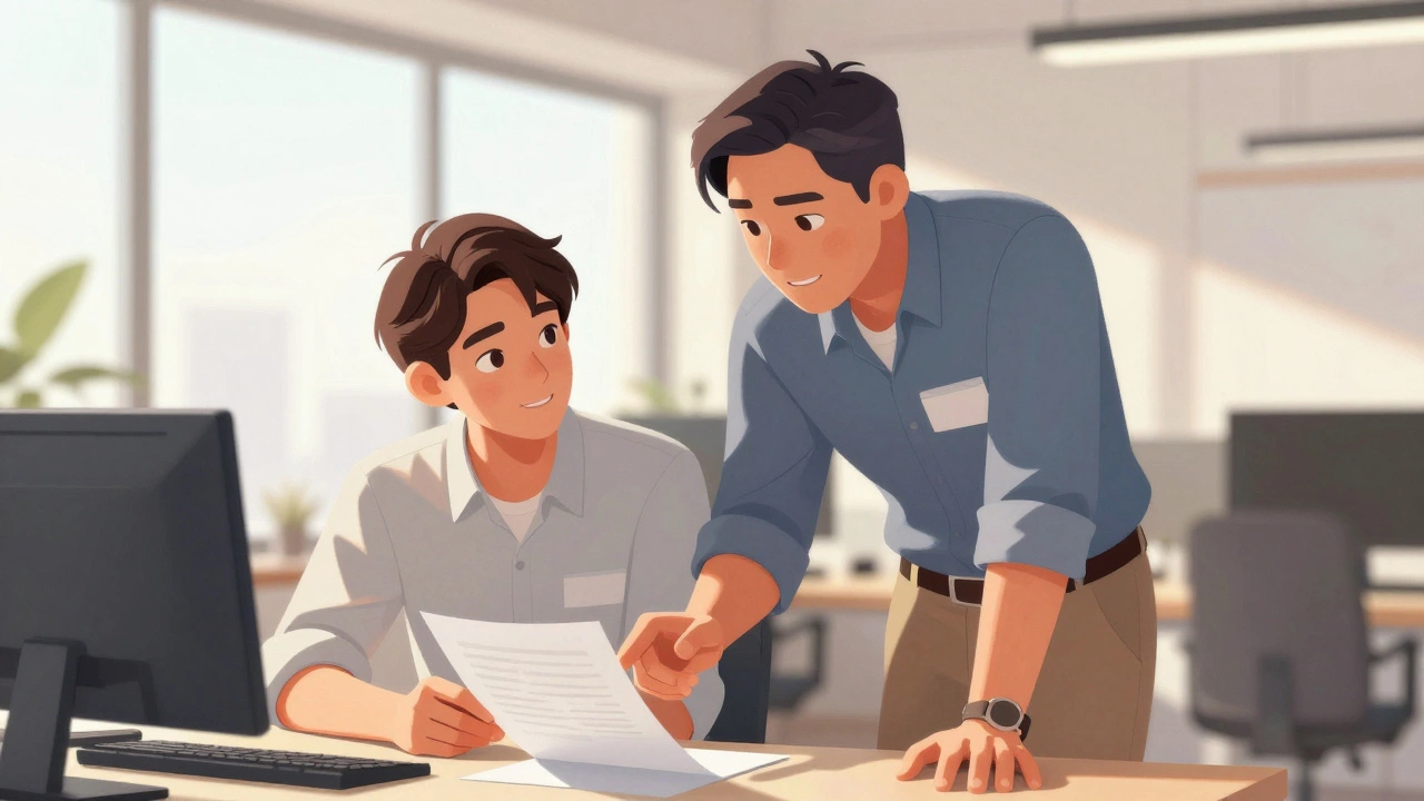 Mentor guiding junior colleague in sunlit modern office