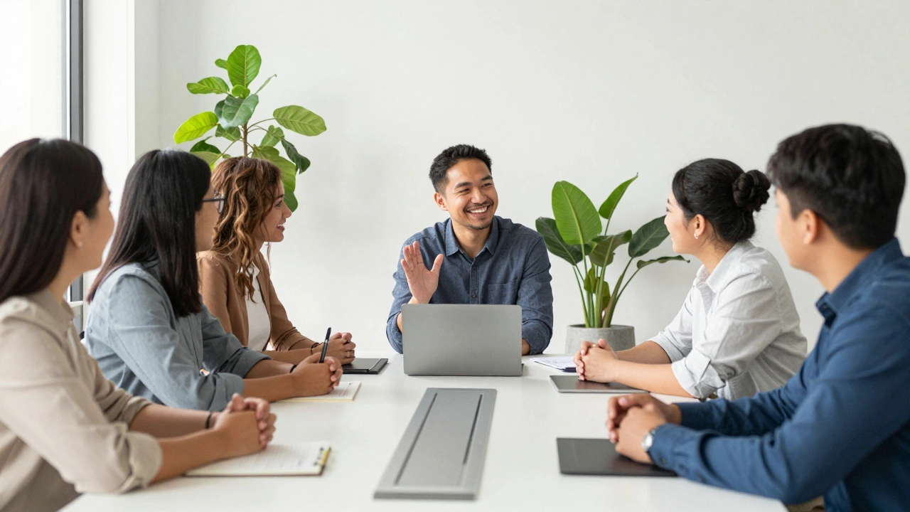 Team collaborating happily, showing abundance mindset