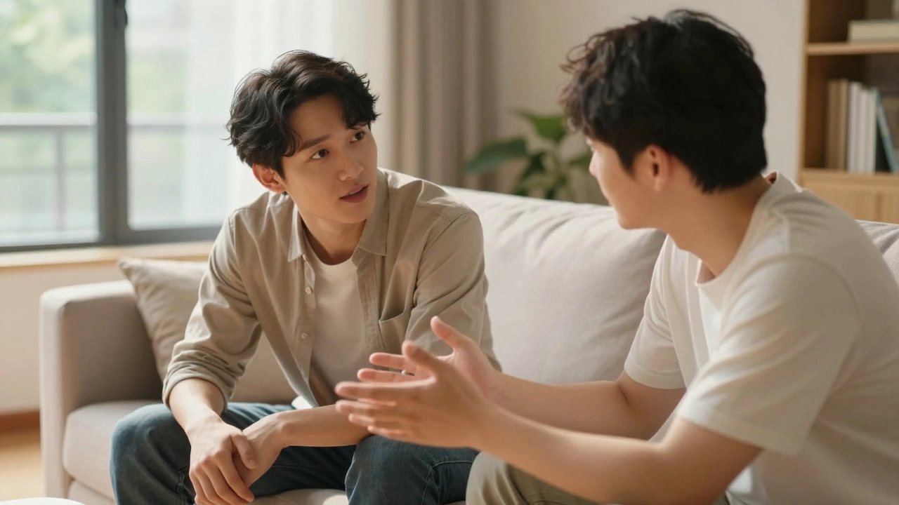 Two men talking on a sofa, one listening attentively to the other