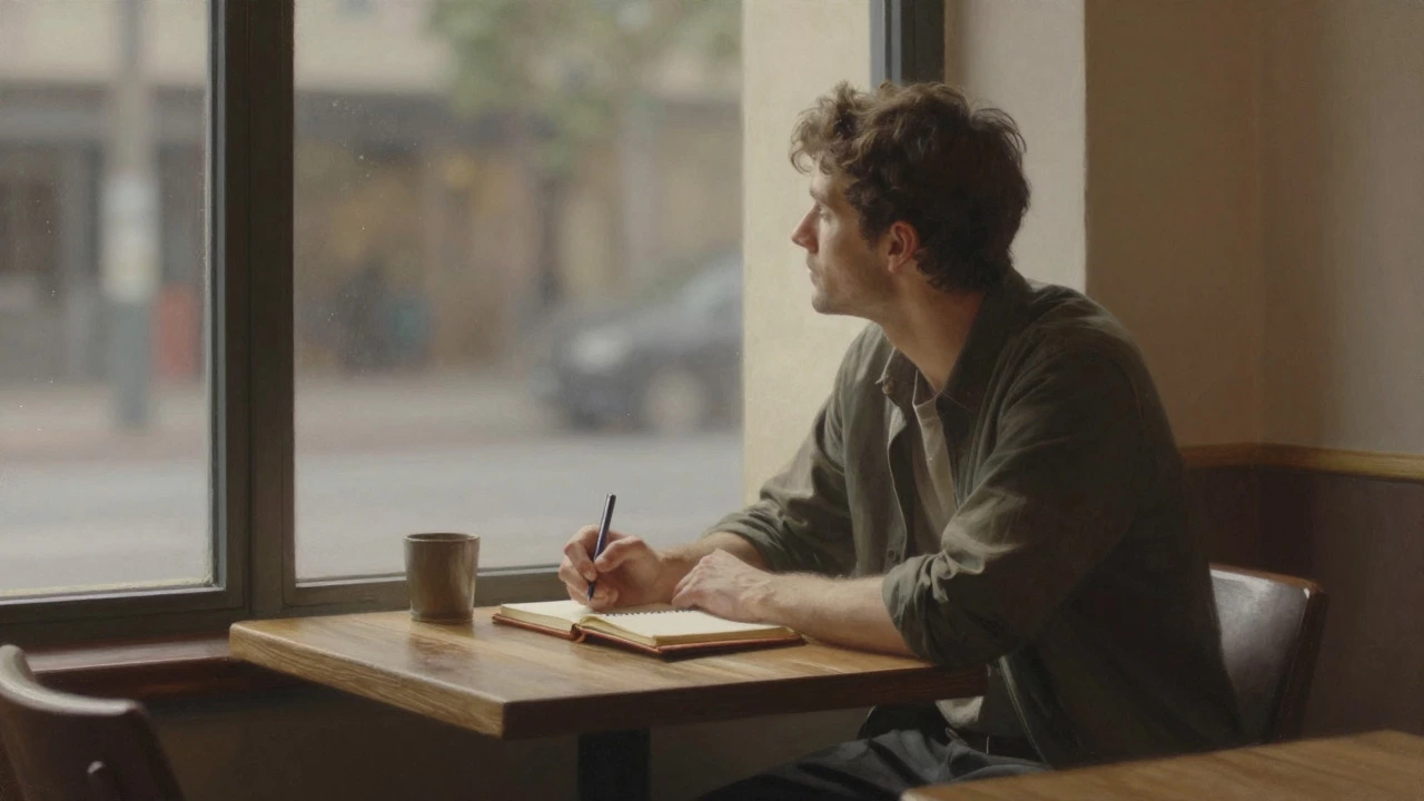 A man journaling peacefully in a quiet cafe, representing intentional solitude