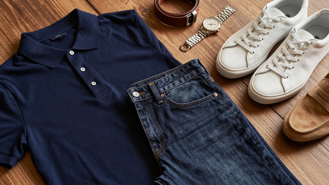 Close-up of navy polo, dark jeans, white sneakers, and loafers