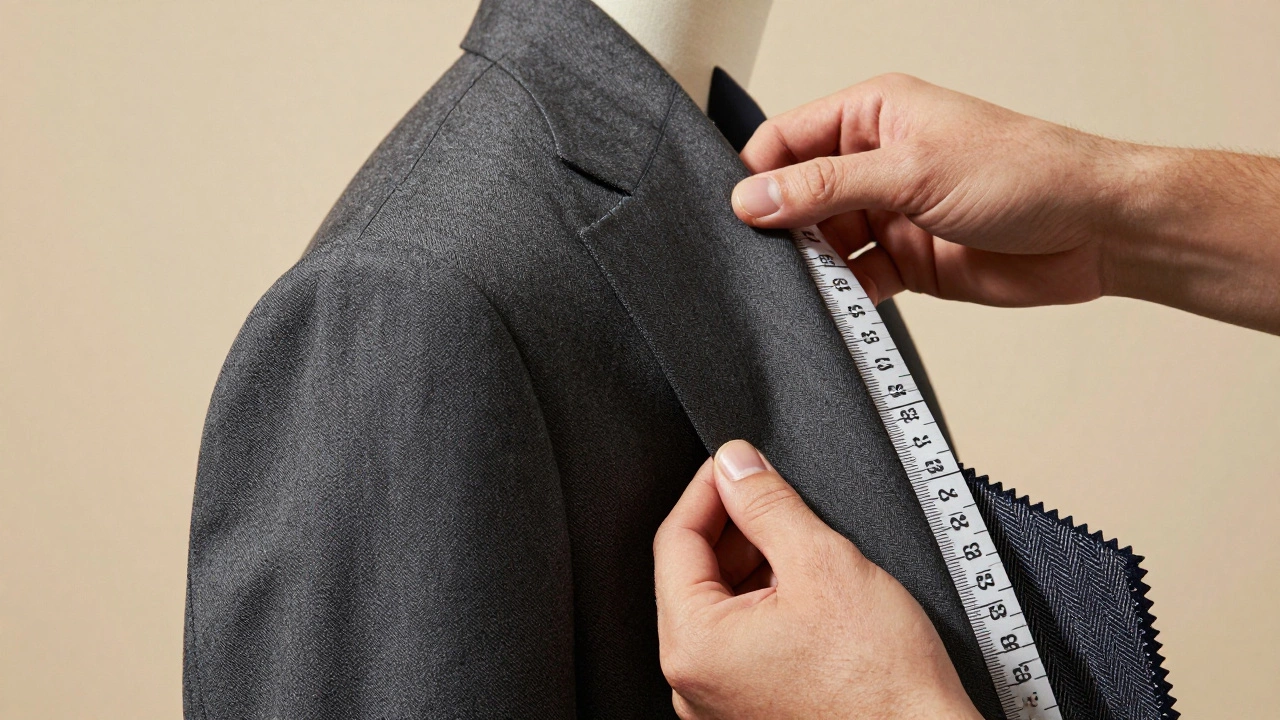 Close-up of tailored charcoal suit jacket showing precise stitching and fabric texture