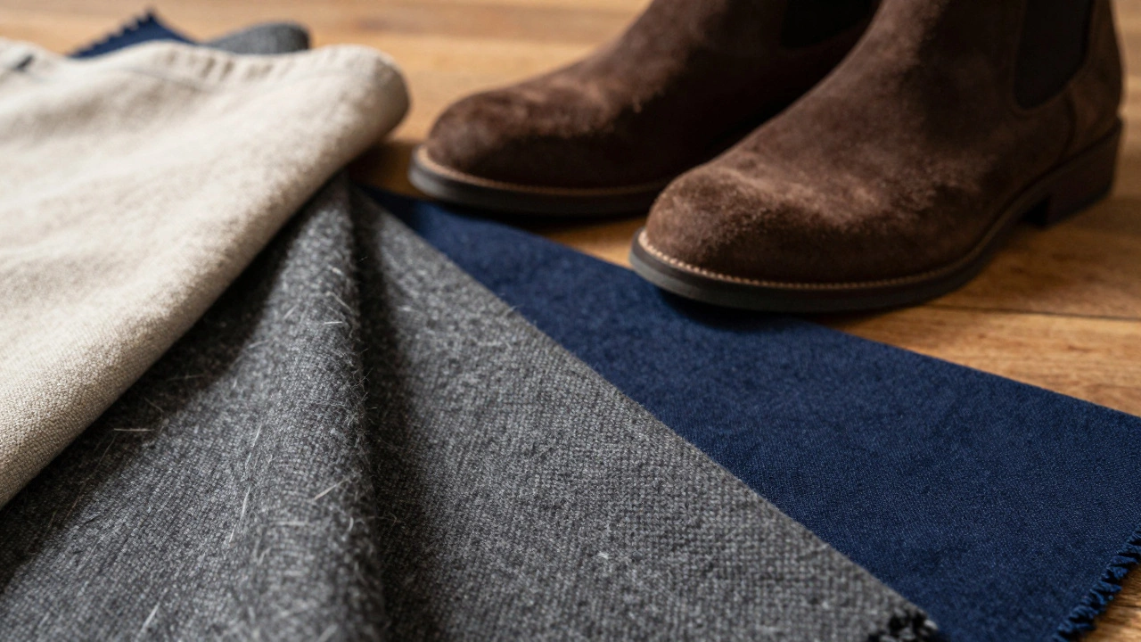 Close-up of wool, cotton, and linen fabrics with suede boots