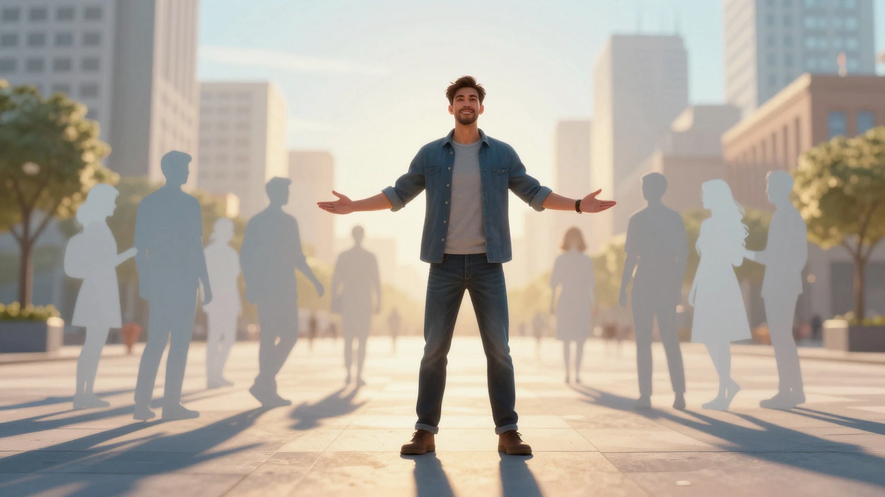 Confident man standing in a city square with an open posture