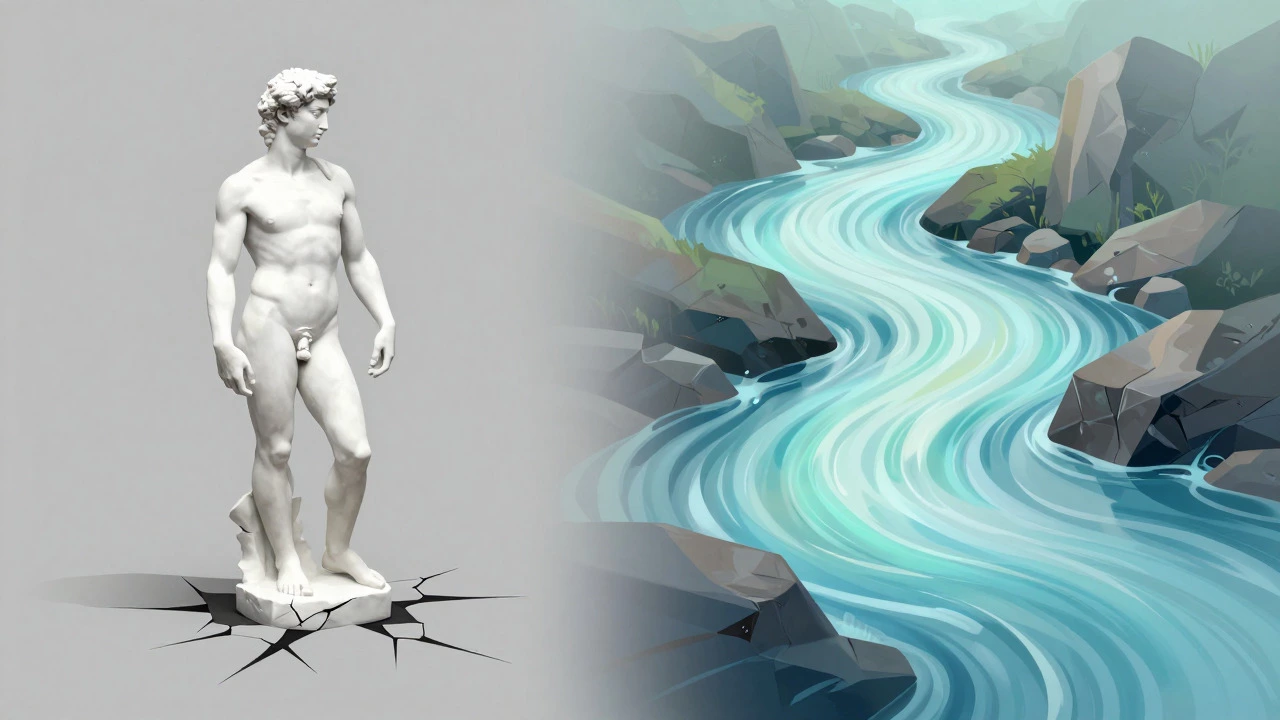 Contrast between a cracking marble statue and a flowing river navigating obstacles.