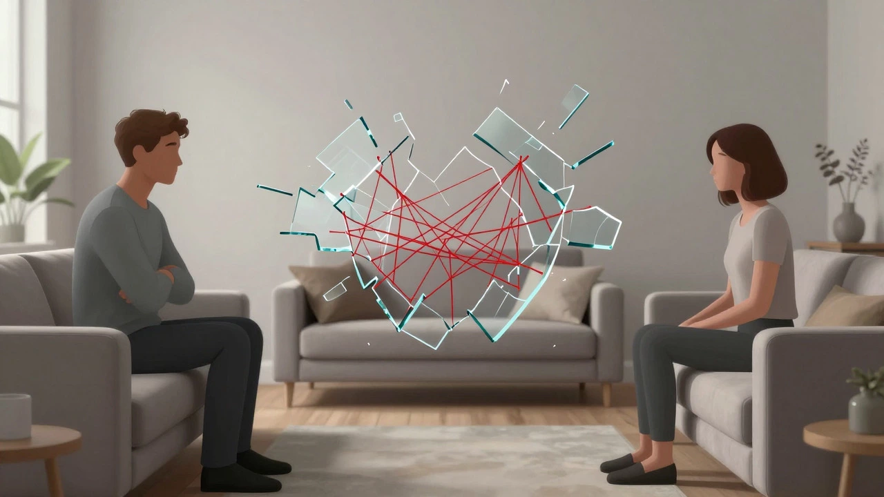 Couple on sofa separated by abstract barrier of glass