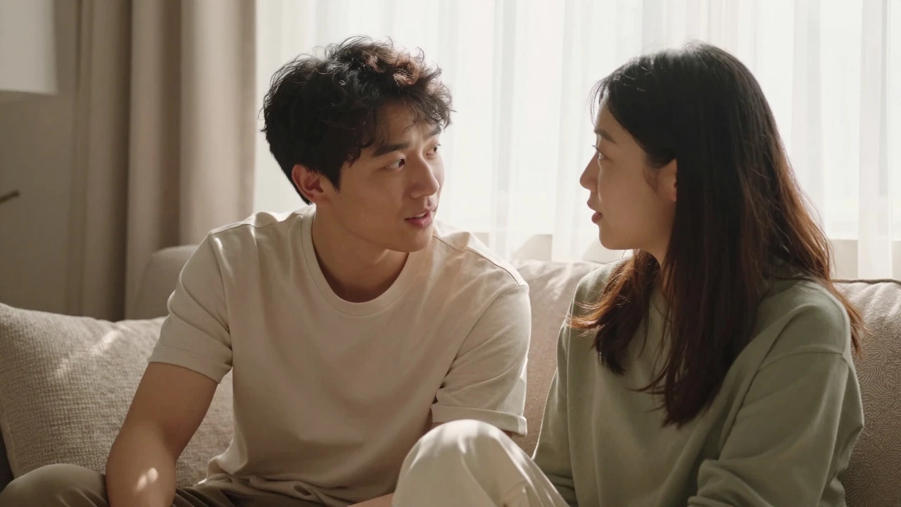 Couple sharing an intimate conversation on a sofa, demonstrating active listening.