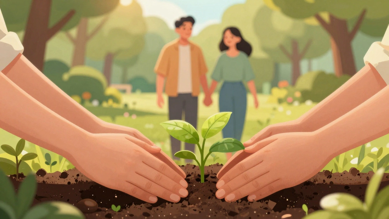 Hands tending to a garden, symbolizing relationship growth