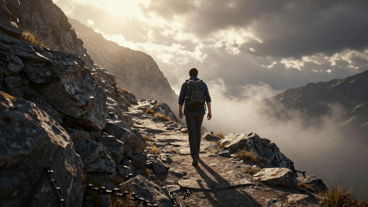 Hiker ascending a mountain path, illustrating embracing discomfort and growth