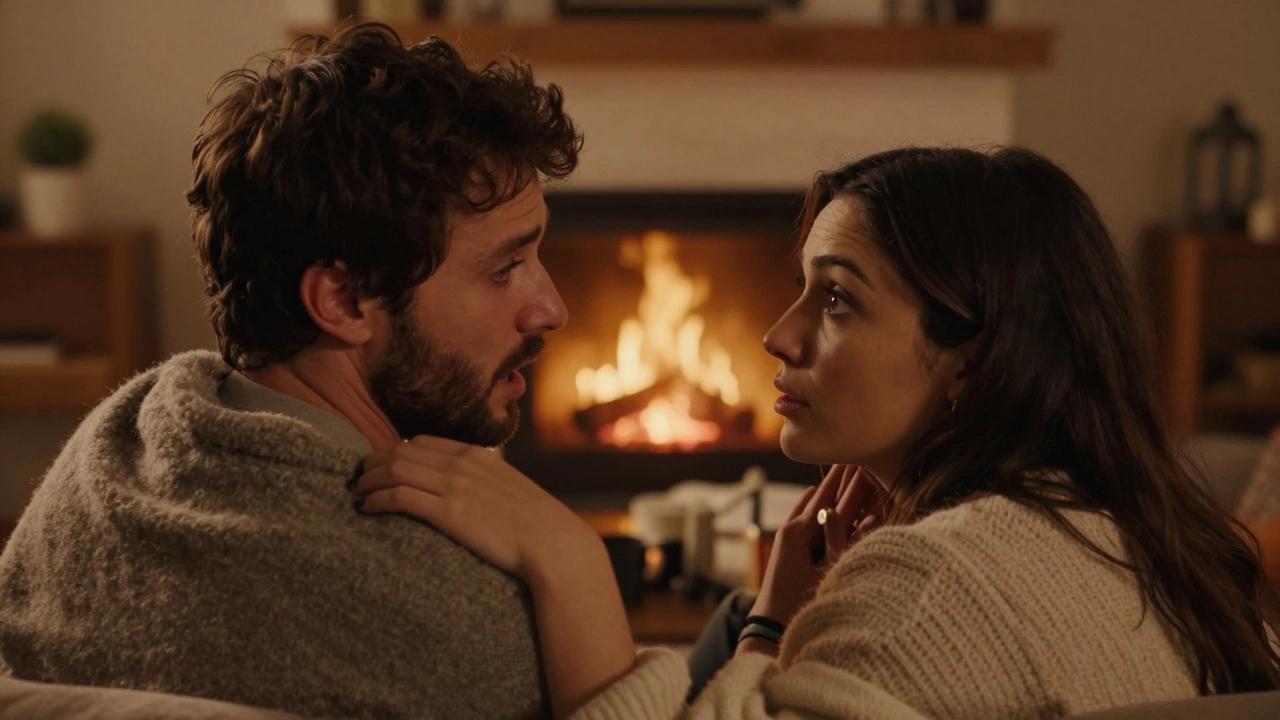 Man and woman having an empathetic conversation in a cozy room