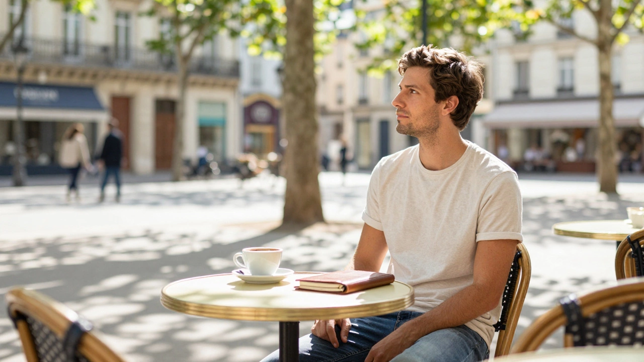 Man enjoying mindful solitude at a sunny cafe table
