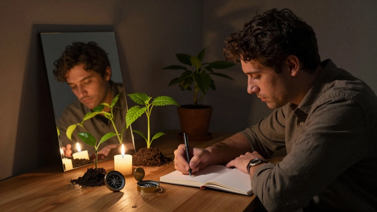 Man journaling by candlelight surrounded by symbols of growth and values