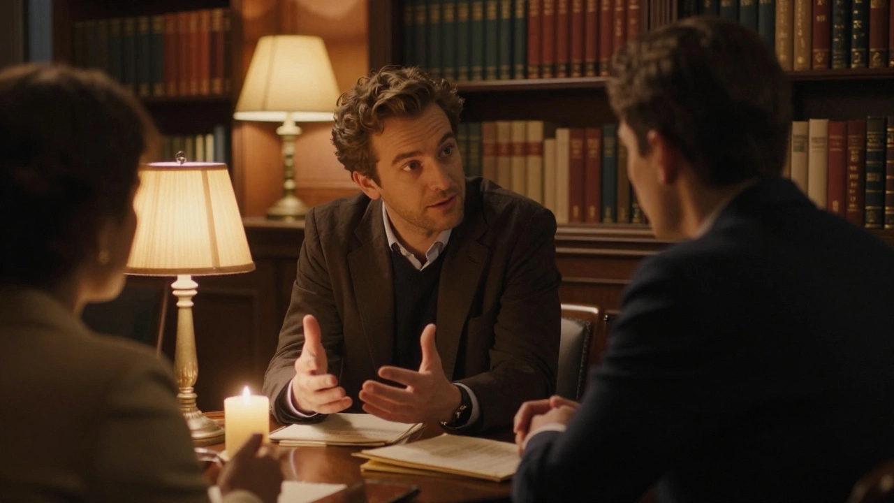 Man listening attentively in a warm, book-filled library setting during conversation