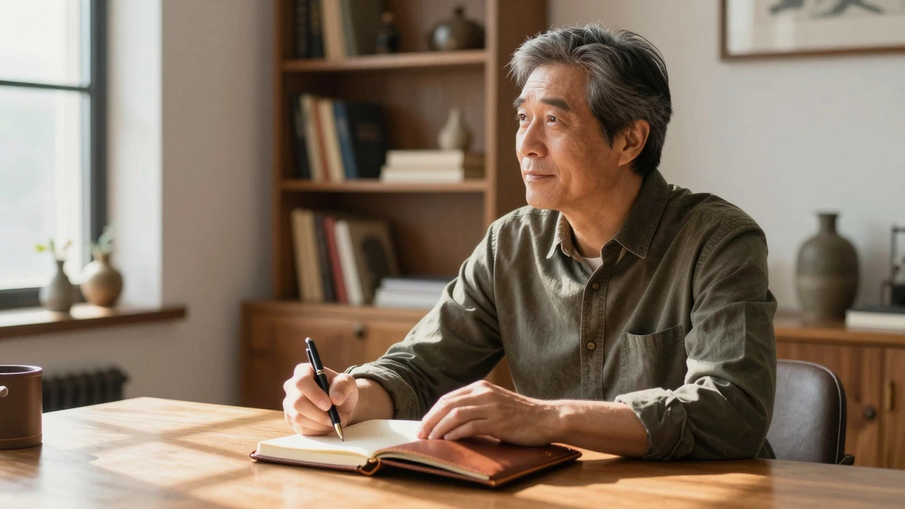 Man reflecting peacefully in a sunlit study, writing in a journal.