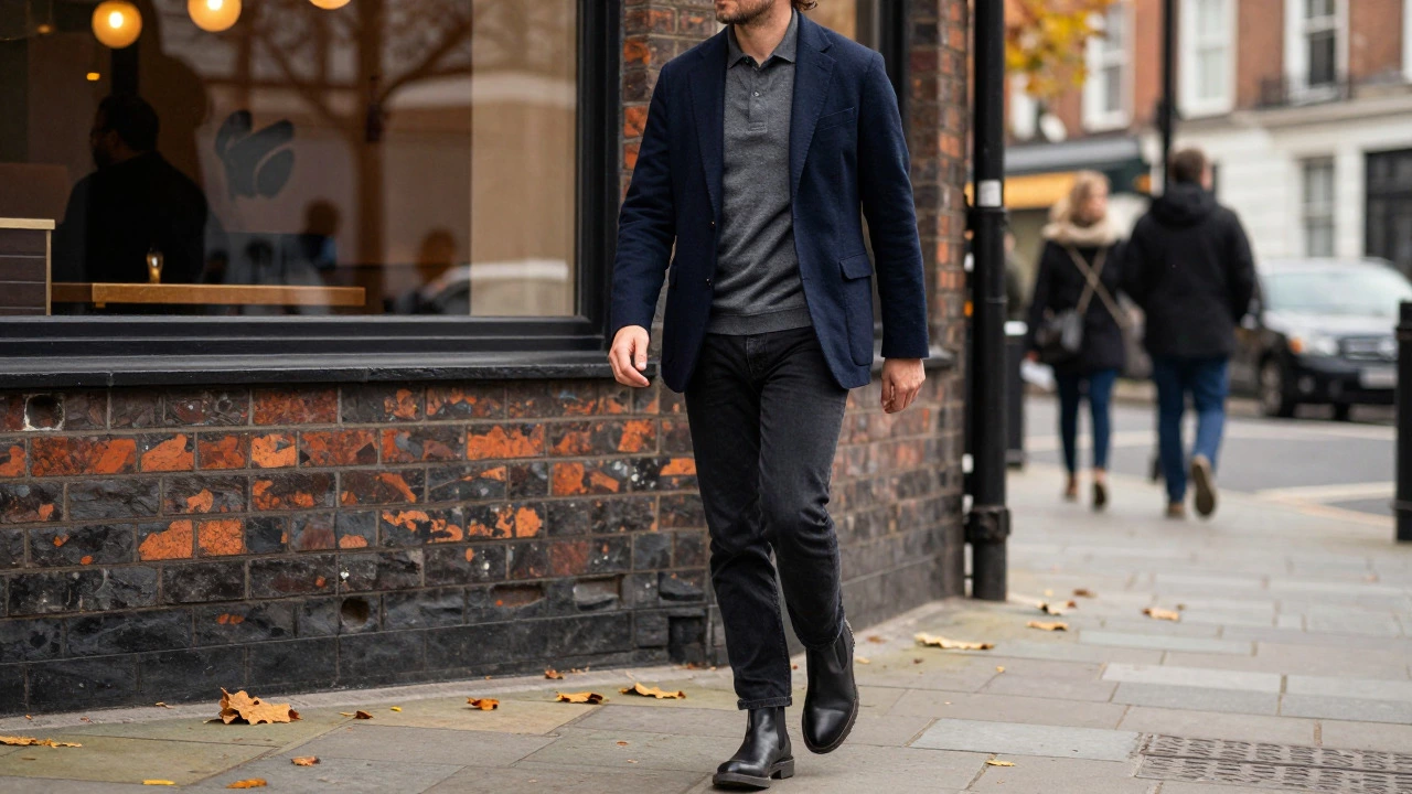 Man wearing blazer over polo and dark jeans walking in city
