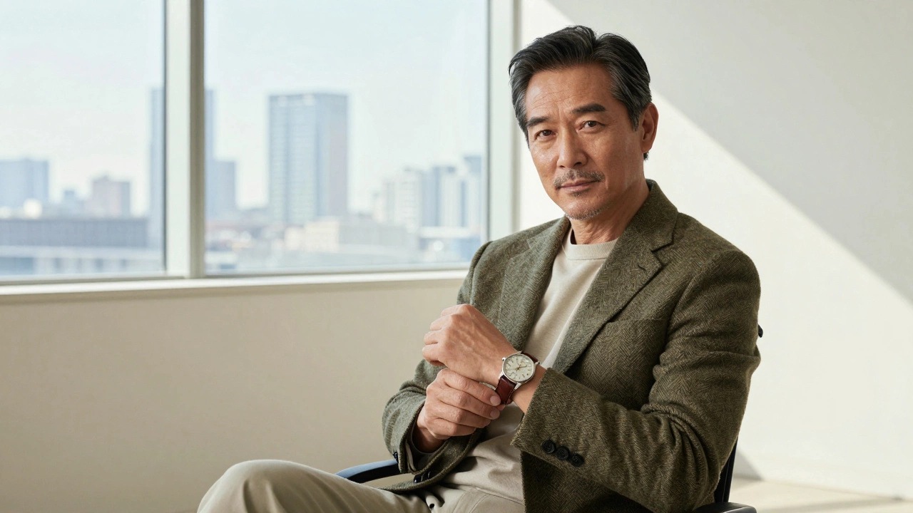 Mature man adjusting classic leather-strap watch in bright modern office setting