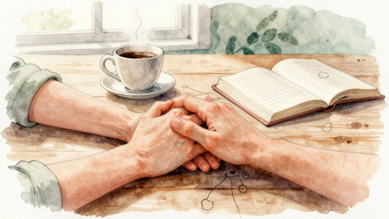 Two hands holding together on table with coffee