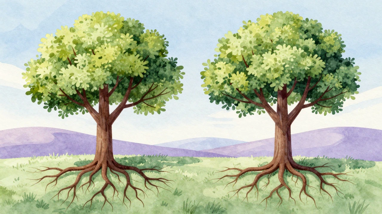 Two trees with separate roots but intertwined branches, symbolizing healthy partnership.