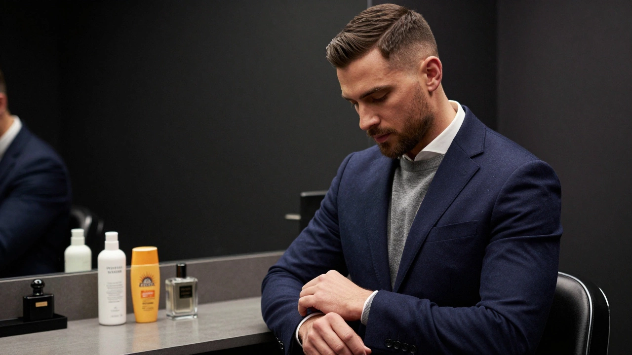 Well-groomed man adjusting navy blazer with skincare products