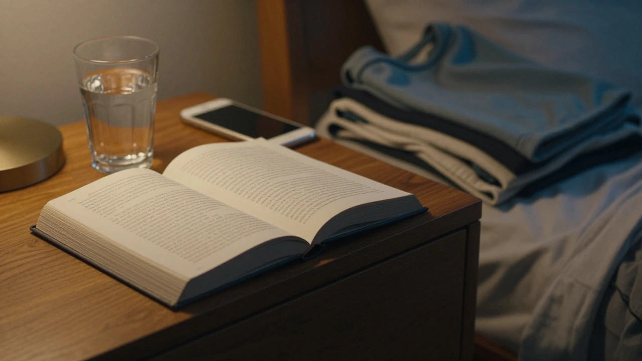A book and gym clothes arranged on a nightstand to encourage healthy habits