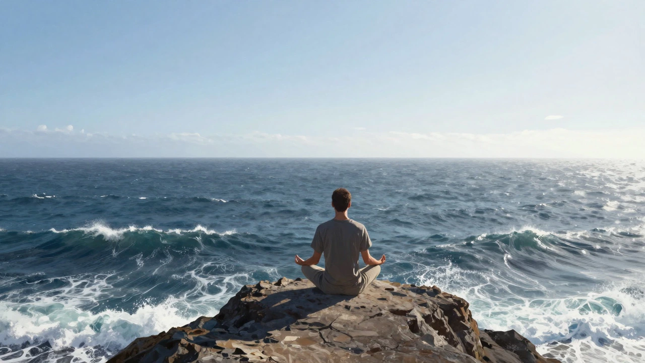 A person meditating calmly on a cliff above rough seas