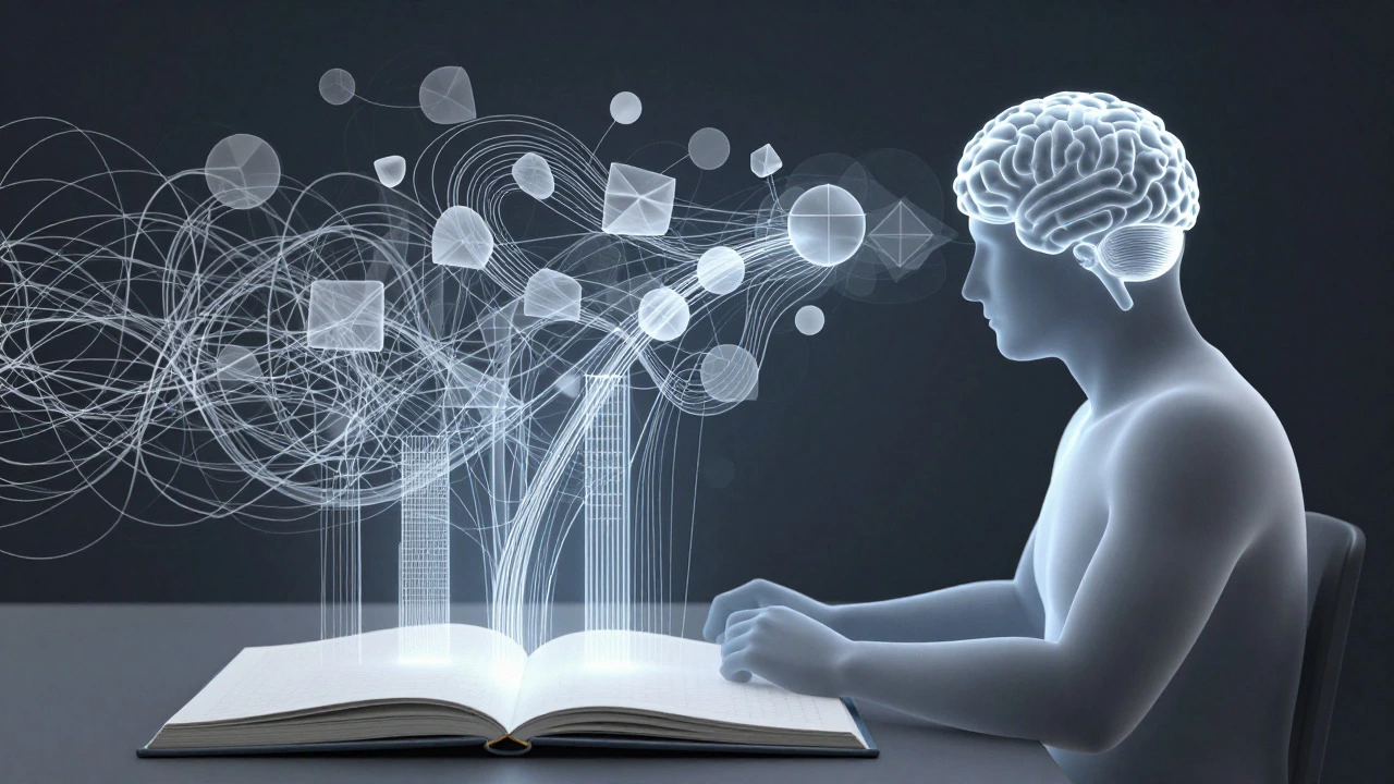 Abstract illustration of thoughts organizing into structure as they flow into a journal